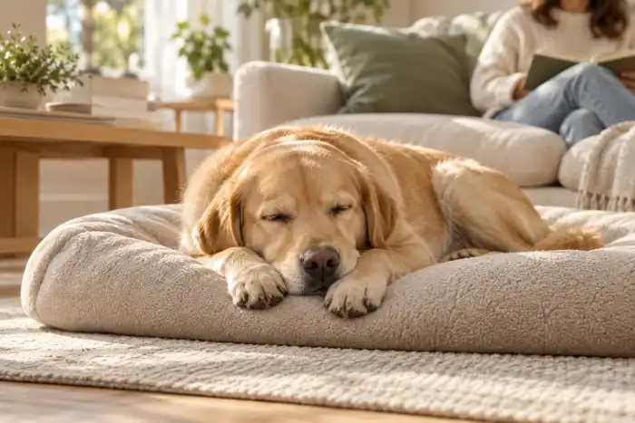 A dog sleeping peacefully on its bed in a sunlit living room