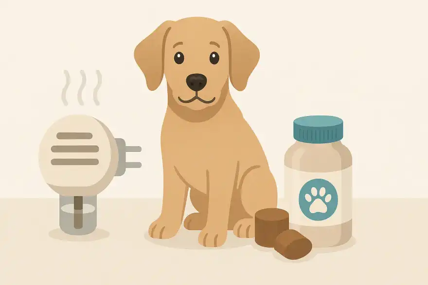 Dog resting calmly next to a plug-in calming diffuser